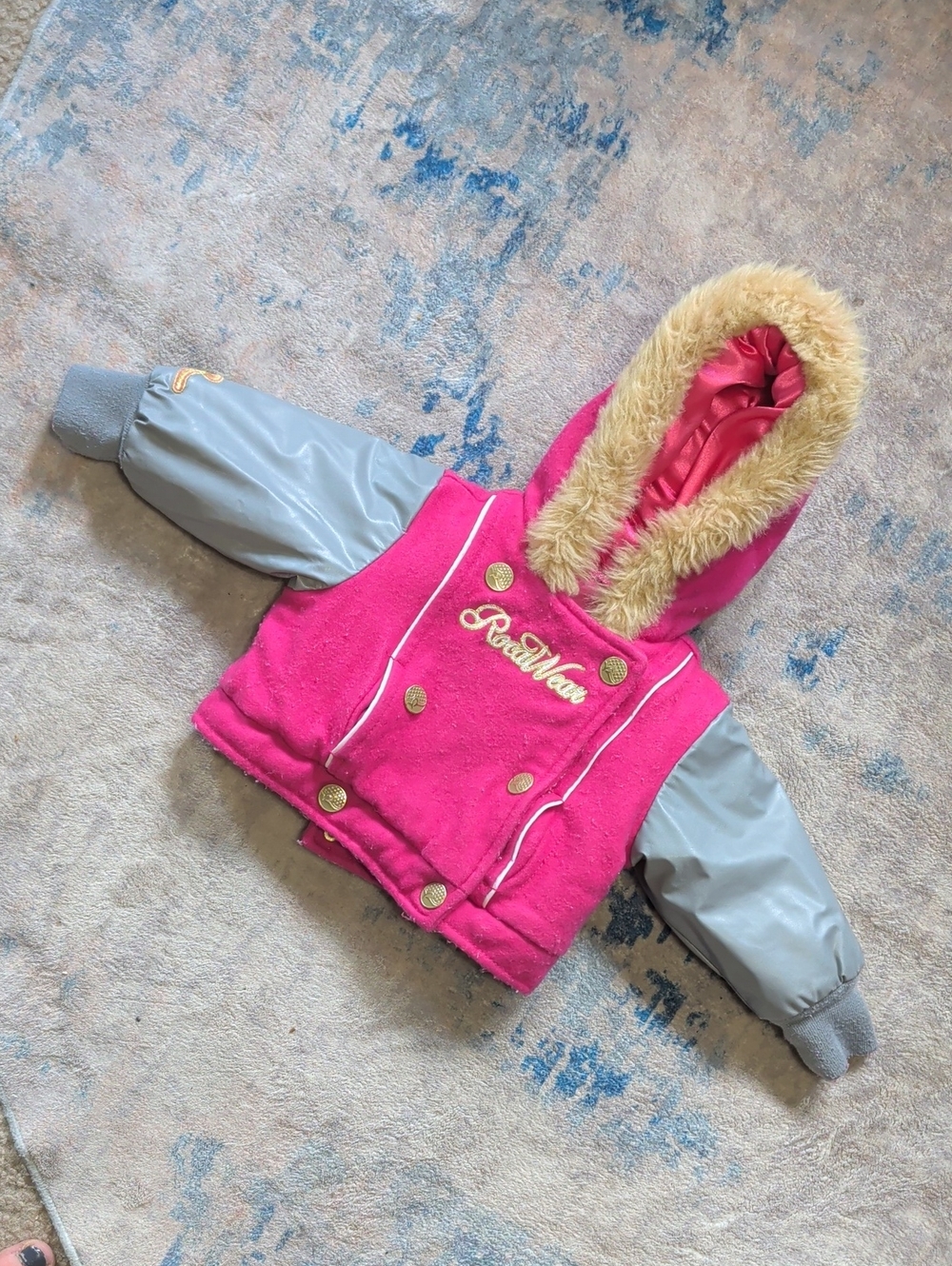 Rocawear Girls Pink Wool Hooded Faux-Fur Trim Jacket with Gray Sleeves 6/9M